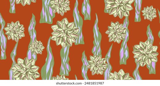 flowers succulents ornament stylized blooming linear elements natural motifs seamless overlapping endless pattern rapport vector