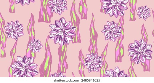 flowers succulents ornament stylized blooming linear elements natural motifs seamless overlapping endless pattern rapport vector