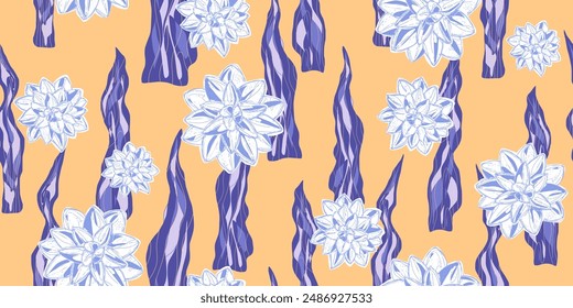 flowers succulents ornament stylized blooming linear elements natural motifs seamless overlapping endless pattern rapport vector