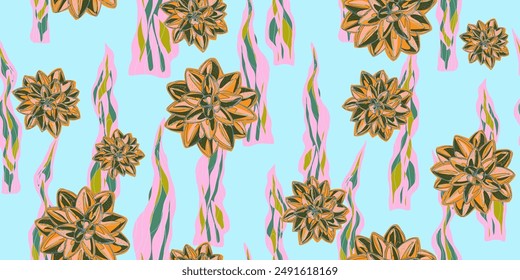 flowers succulents ornament stylized blooming linear elements natural motifs seamless overlapping endless pattern rapport vector