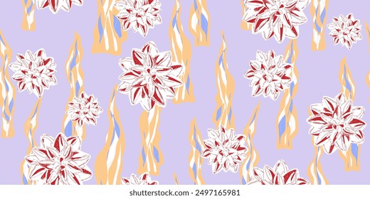 flowers succulents ornament stylized blooming linear elements natural motifs seamless overlapping endless pattern rapport vector