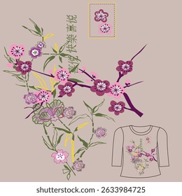 “Bouquet of flowers suggesting patterns with embroidery and text in the Japanese language “school of cultivation of clouds and joy”