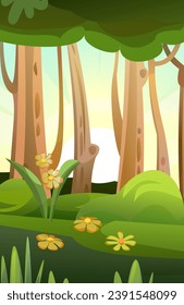 Flowers in summer forest. View of trees. Scenery Landscape. Fun cartoon style. Vector