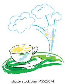 Flowers and sun in cup. Still-life. Simulated of watercolor. Vector illustration.