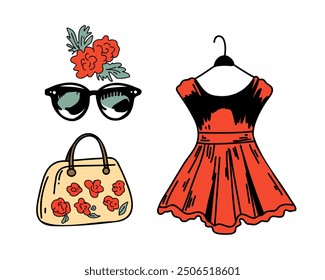 The flowers, sun glaces, bag and red dress at hanger on white background