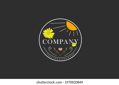 Flowers, sun, heart vintage emblem logo