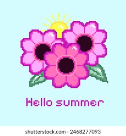 Flowers with the sun. Hello summer. Pixel art. Vector illustration