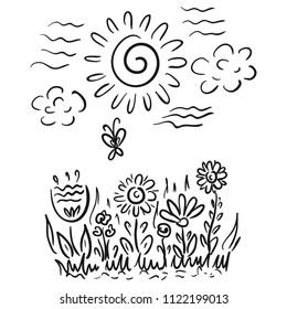 Flores y sol. Boceto. Ilustración vectorial