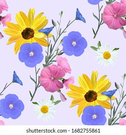 Flowers of sunflower, white Daisy flower, pink Petunia, flax flowers and inflorescences on a gray background. Floral seamless pattern, EPS 10 vector