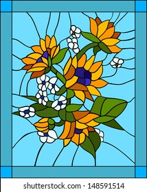 Flowers and sunflowers with buds in stained glass window