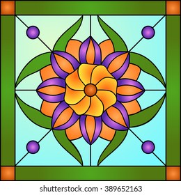 Flowers and sunflowers with buds in stained glass window