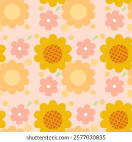 Flowers, Sunflowers on a pink  background, Fabric pattern, Wrapping paper, Notebook cover , seamless pattern 