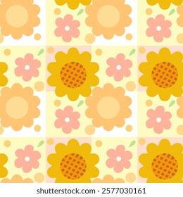 Flowers, Sunflowers on a yellow  background, Fabric pattern, Wrapping paper, Notebook cover , seamless pattern 