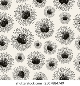 Flowers sunflowers pattern seamless monochrome with harvest of sunflowers collected on plantation for edible oil packaging design vector illustration