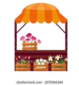 Flowers supermarket stall. Flowers wooden counter, grocery store organic. Plants local shop vector illustration. Farmer Selling Flowers, plants. Traditional market empty wooden food stalls with flags.