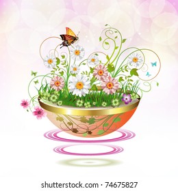 Flowers in suspended flowerpot and butterflies