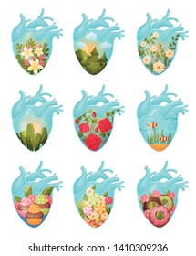 Flowers and sweets inside the heart. Vector illustration on white background.