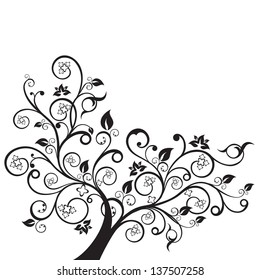 Flowers and swirls design element silhouette in black. This image is a vector illustration.