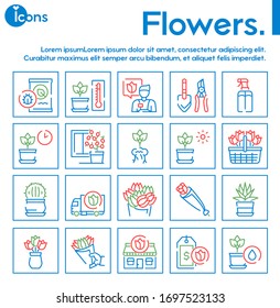 Blumen Symbole farbige lineare Vektorillustration Symbol gesetzt. Die Kollektion von Leitbildern umfasst Blumen, Topfpflanzen, Blumengeschäfte, Blumenläden, Gartenbau und Pflanzenpflege. Professionelles und Hobby-Konzept