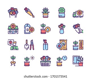 Flowers symbols color linear vector icon set. Outline symbol collection includes blooming flowers, potted plants, flower business, floristry, gardening and plant care. Profession and hobby concept