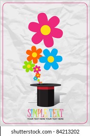 Flowers taking off from magic hat. Vector illustration, paper-background. Place for your text.