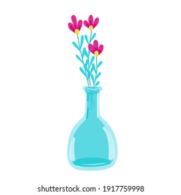

Flowers in a tall glass vase, glass jug, delicate purple small flowers, spring flowers, vector illustration in cartoon style, flat.