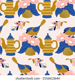 Flowers, tea and birds in a seamless pattern design, perfect to use on the web or in print