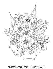 Flowers in tea cup black and white color outline for coloring page