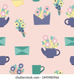 flowers and teacups in a pastel pattern design, perfect to use on the web or in print for surface design