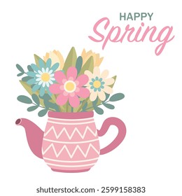 Flowers in a teapot. Hello spring. Vector flat illustration.