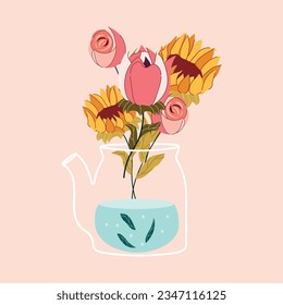 Flores en teteras. Hervidor de agua. Plantas. Ilustración de material vectorial. de fondo. Impresión veraniega. Pancarta de diseño moderno. aislado.