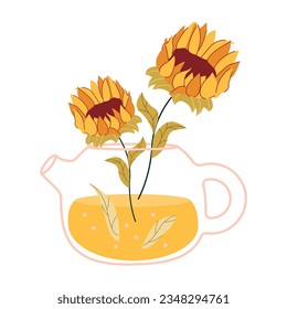 Flores en teteras. Hervidor de agua. Plantas. Ilustración de material vectorial. Fondo blanco. Impresión veraniega. Pancarta de diseño moderno. aislado.