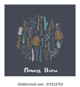 Flowers template card. Contains circle of twigs of flowers and label for text.