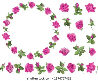Flowers template and endless border isolated on white background. Vector hand drawn illustration of roses. For textiles, wallpaper, fabric, gift boxes, greeting card and invitations
