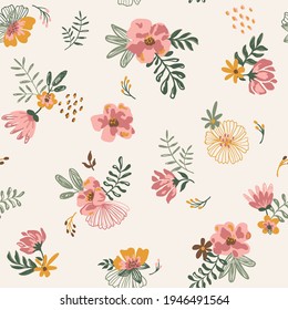 Flowers textile pattern in boho style and colors. Pink botanical  bouquets on ivory background. Vintage fabric design