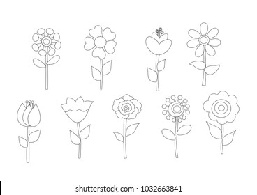 Flores de línea delgada conjunto vectorial de silueta de línea delgada.