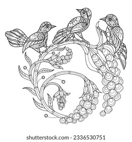 Flowers and three birds hand drawn for adult coloring book