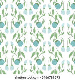Flowers tiled seamless pattern. Blue wildflowers endless background. Summer meadow repeat cover. Botanic loop ornament. Vector flat hand drawn illustration.