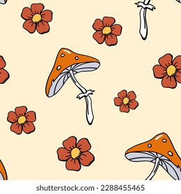 Flores y setas de toadstool diseño sin fisuras o diseño de fondo en estilo retro de los años 70. Paleta de colores cálidos hippie estampado textil floral con mosca agaric. Ilustración vectorial de doodle dibujado a mano.