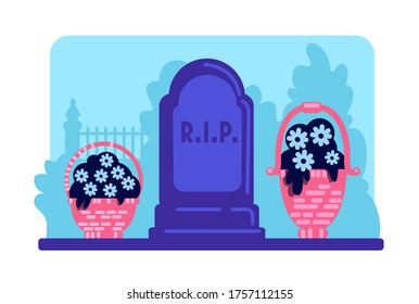 Flowers and tombstone flat color vector illustration. Rest in peace. Gravestone and bouquets in cemetery. Funeral ceremony. Graveyard 2D cartoon landscape with trees on background