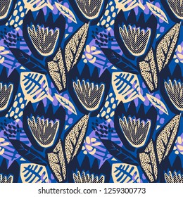 Flowers tracery seamless rough print, modern seamless design template.Geometric curved trendy painted style texture, poster with different doodle elements.Perfect for interior,fabric, textile