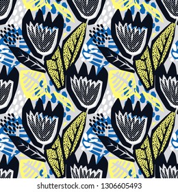 Flowers tracery seamless rough print, modern seamless design template.Geometric curved trendy painted style texture, poster with different doodle elements.Perfect for interior,fabric, textile