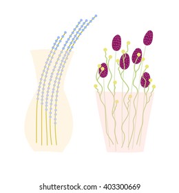 flowers in a transparent vase. Vase of flowers. Isolated vase of flowers set on white background. Colorful flowers bouquets in pink vases. Flat style vector illustration.