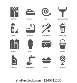 Flowers, Trash can, Toothpaste, Detergent, Bucket, Clothes, Soap, Laundry, Hand wash, Hose icon 16 set EPS 10 vector format. Icons optimized for both large and small resolutions.