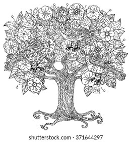  flowers tree and birds. Zentangle interpretation. Black and white. Vector illustration. The best for your design, textiles, posters, coloring book