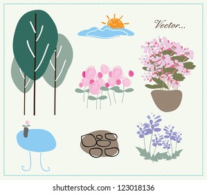 Flowers, tree, sun, stone and Table in the garden cartoon Set Illustrator