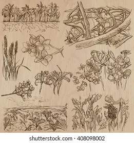 FLOWERS and TREES around the World, collection. Description - An hand drawn vector pack, freehand sketching. Editable in layers and groups. Colored background is isolated.