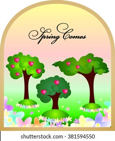 Flowers and trees nature spring seen from arch windows
