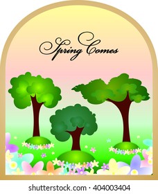 Flowers and trees nature spring seen from arch windows

