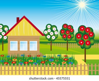 Flowers and trees near the house. Vector illustration